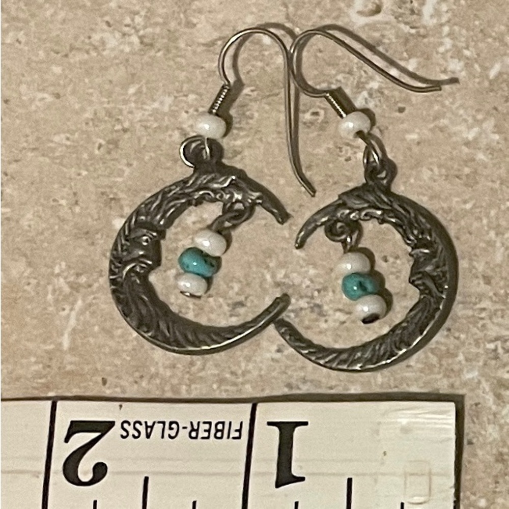 Vintage pewter Sun French hook earrings and Crescent Moon French hook earrings - Picture 5 of 7